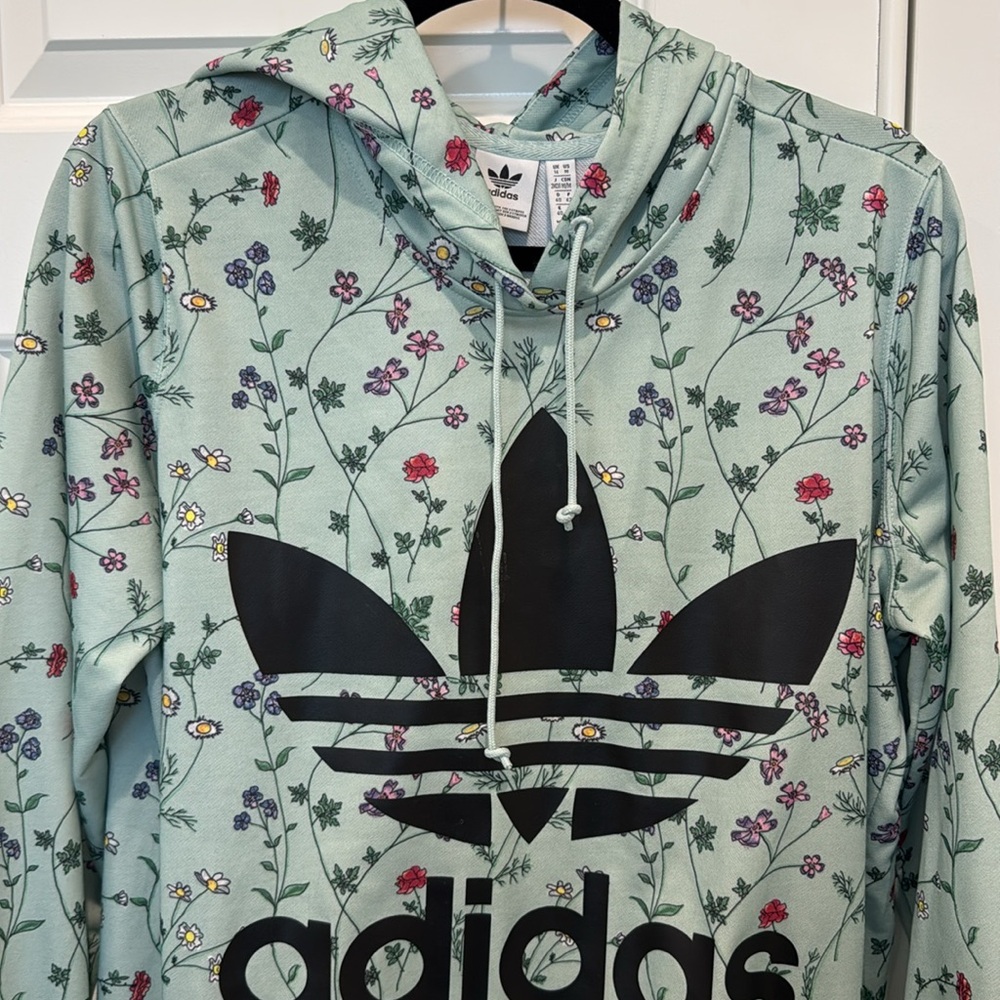 Adidas Floral Print Logo Hooded Sweatshirt Hoodie Green Floral Size Medium - Picture 2 of 16